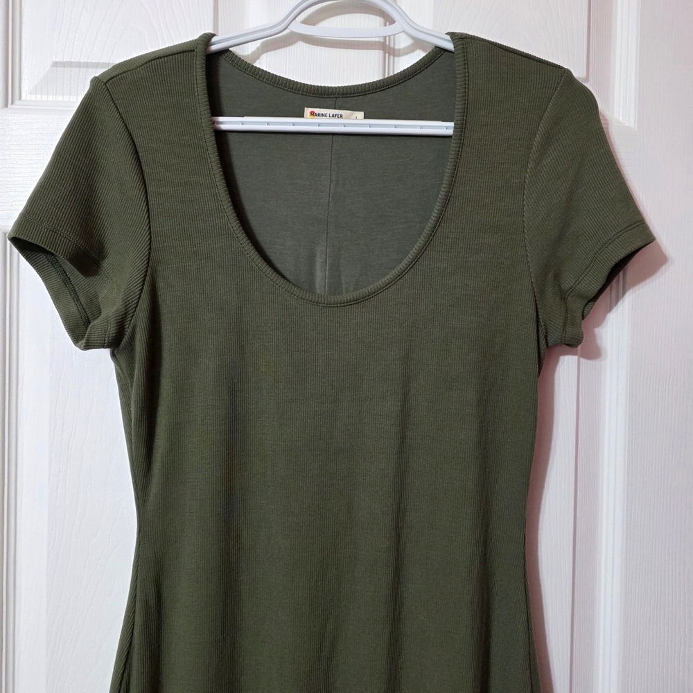 Marine Layer Women Large Ribbed Midi Dress Olive Green‎ Scoop Neck 14357 Casual - Picture 7 of 11